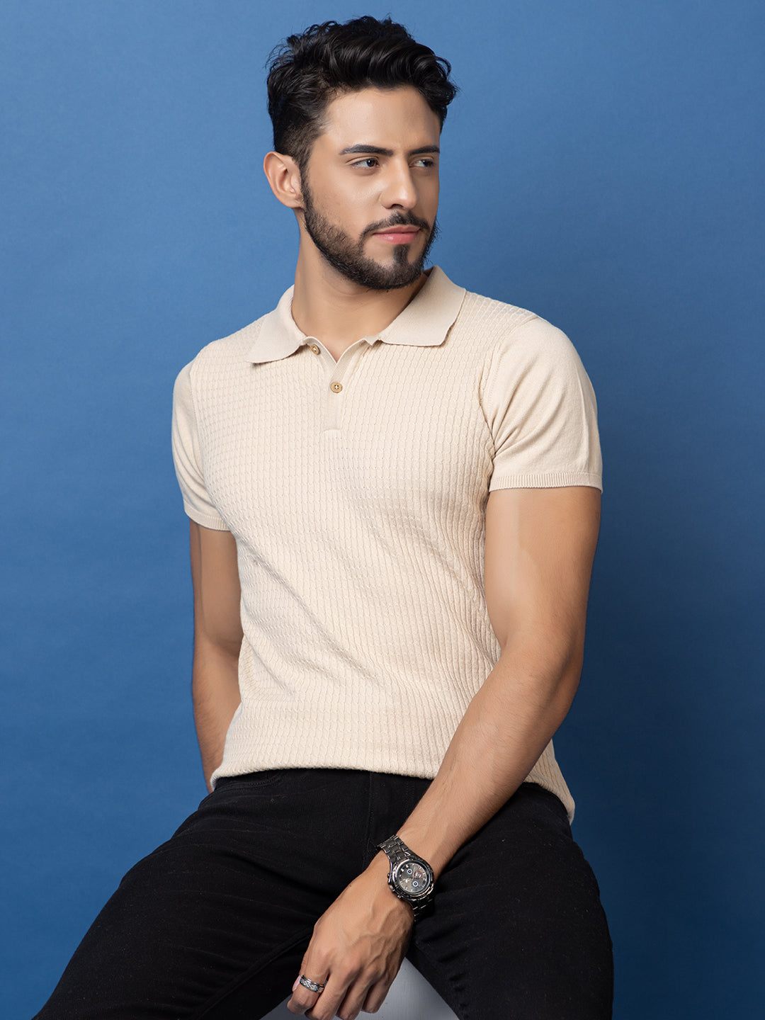 607 Cable Knit Polo T-shirt I Oatmeal