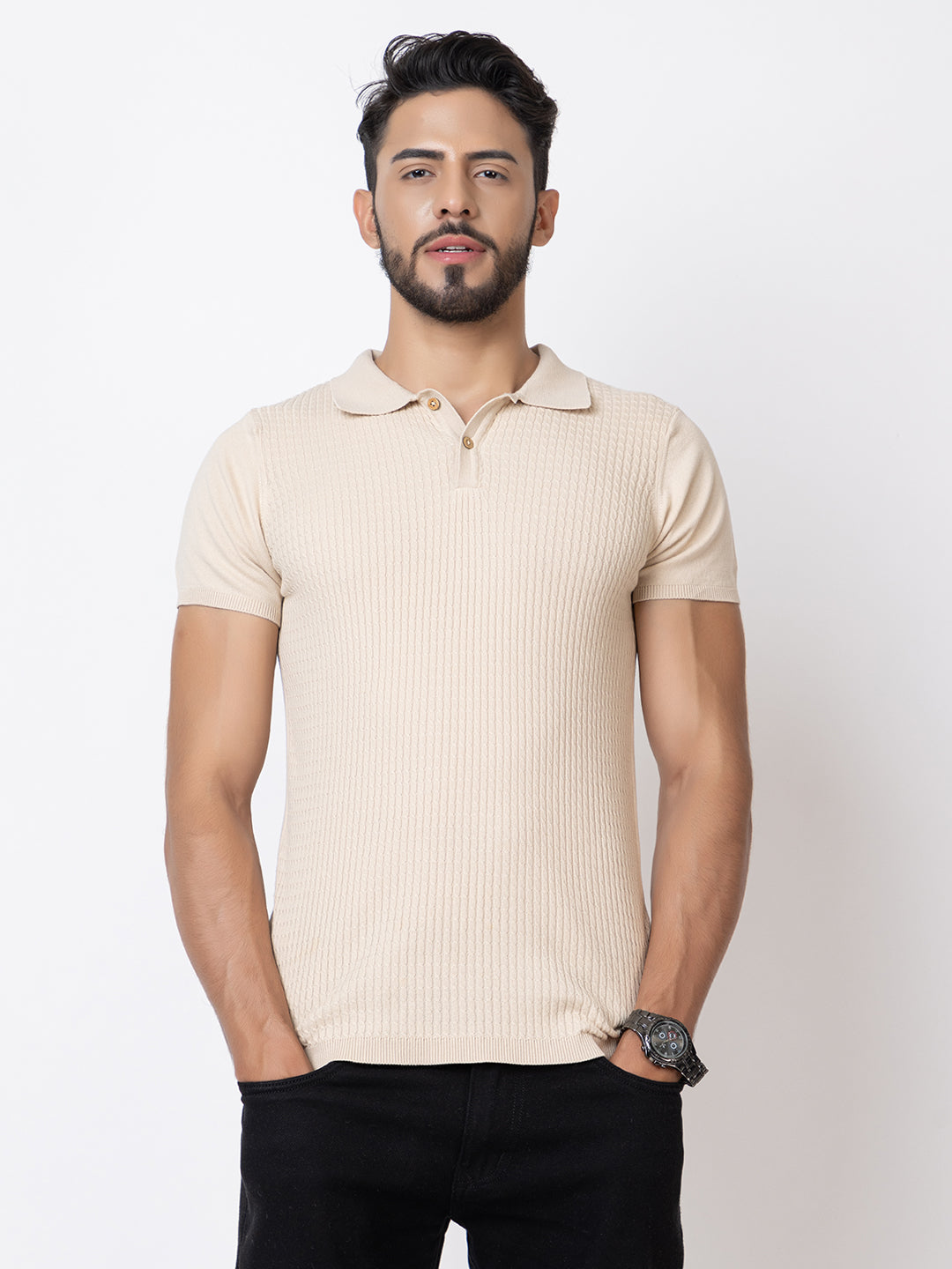 607 Cable Knit Polo T-shirt I Oatmeal