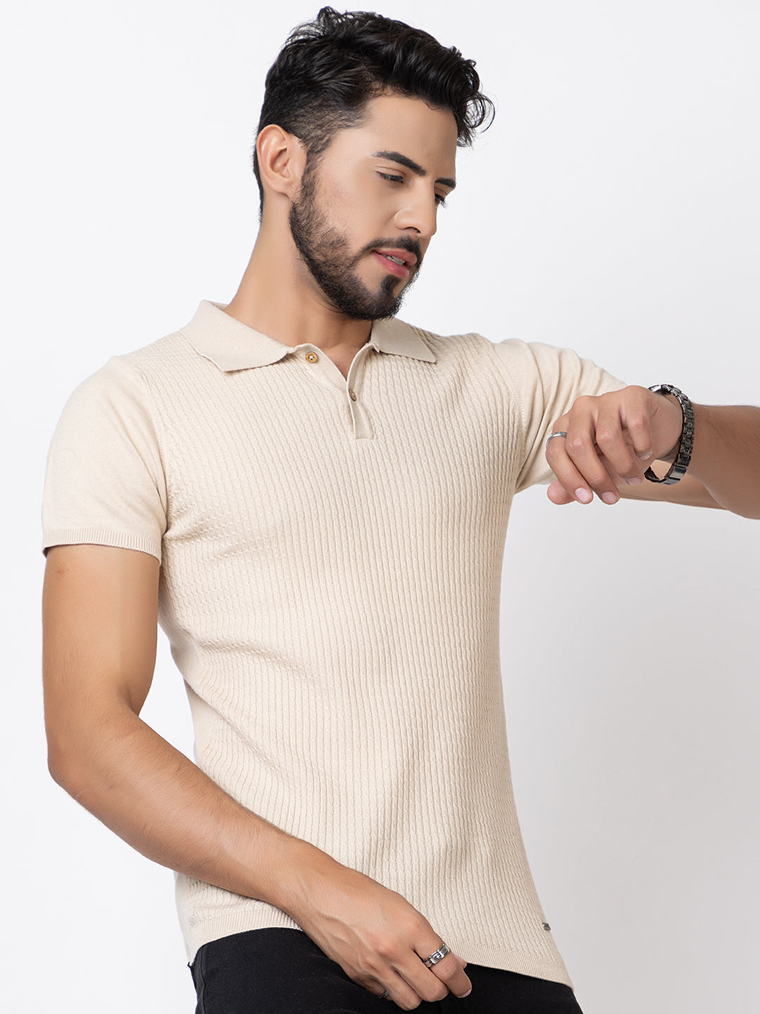 607 Cable Knit Polo T-shirt I Oatmeal