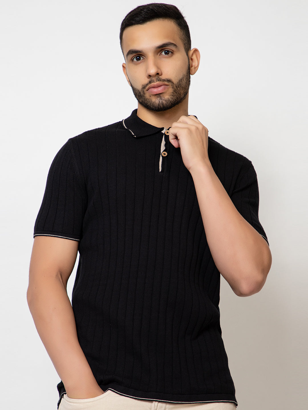 601 Rib Knit Polo I Black